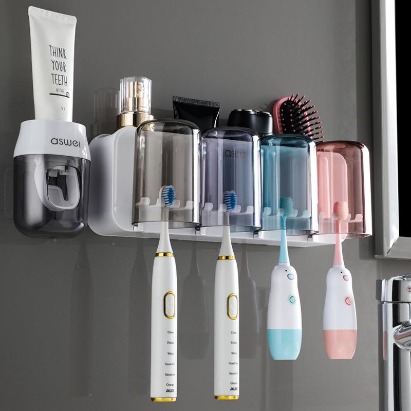 牙刷置物架子刷牙漱口杯挂墙卫生间免打孔壁挂式电动牙具牙缸套装