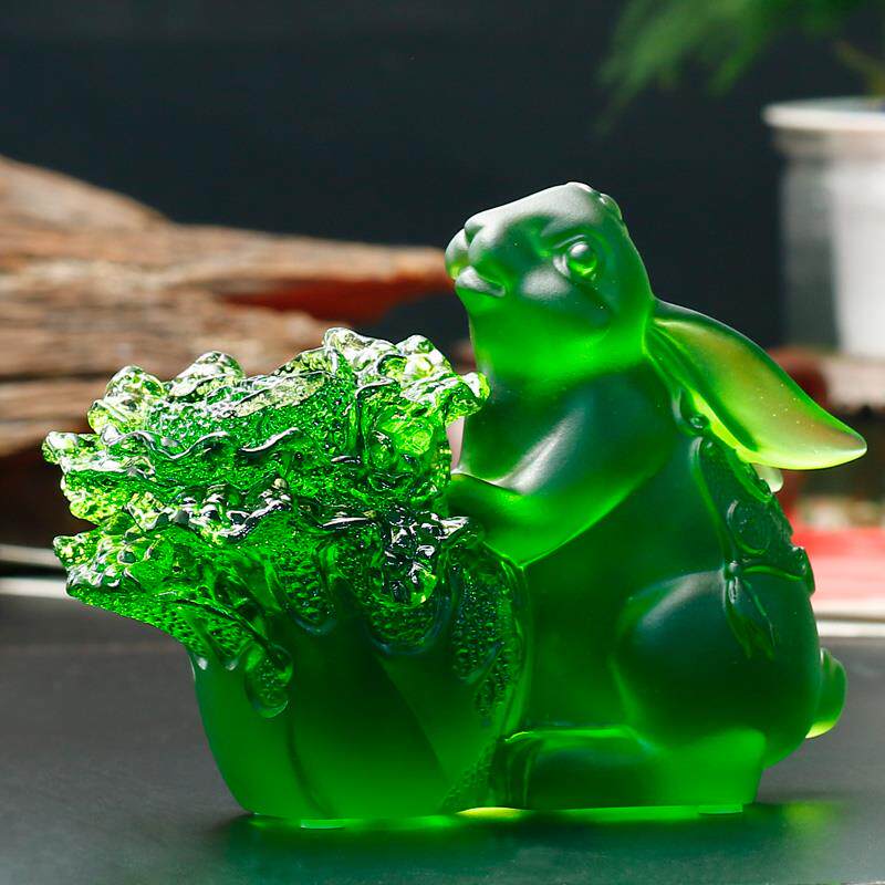 正品玉兔招吉财璃艺水晶琉璃兔子摆件白菜兔工品玻祥物屋里装饰品