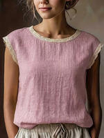 Women'S Vintage Linen Short Sleeve Top Lace Patchwork Round thumbnail 3