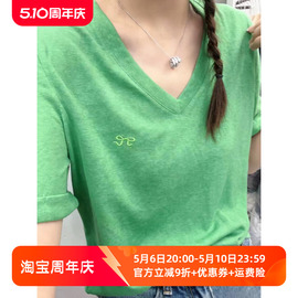 蝴蝶结竹节棉短袖t恤女欧洲站，夏装2024欧货女装，v领洋气小衫潮