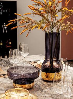 晶淳艺紫色镀HP221110金餐桌玻璃大花气瓶插装饰花高颜值大果盘套