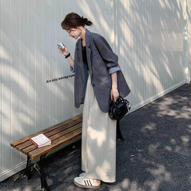 LILY MOST韩版灰色休闲小西装外套2025秋条纹翻袖宽松一粒扣西服