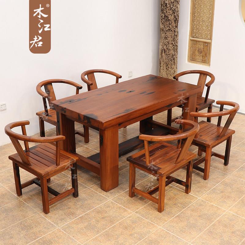 木羊君老船木餐桌茶几中式实木餐桌彷古原木简约矩形餐桌经济型