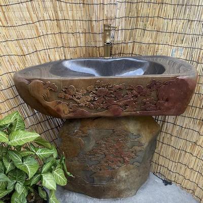 石头洗手盆砚石雕花花园水槽室内外洗脸盆原石立柱盆户外石材台盆