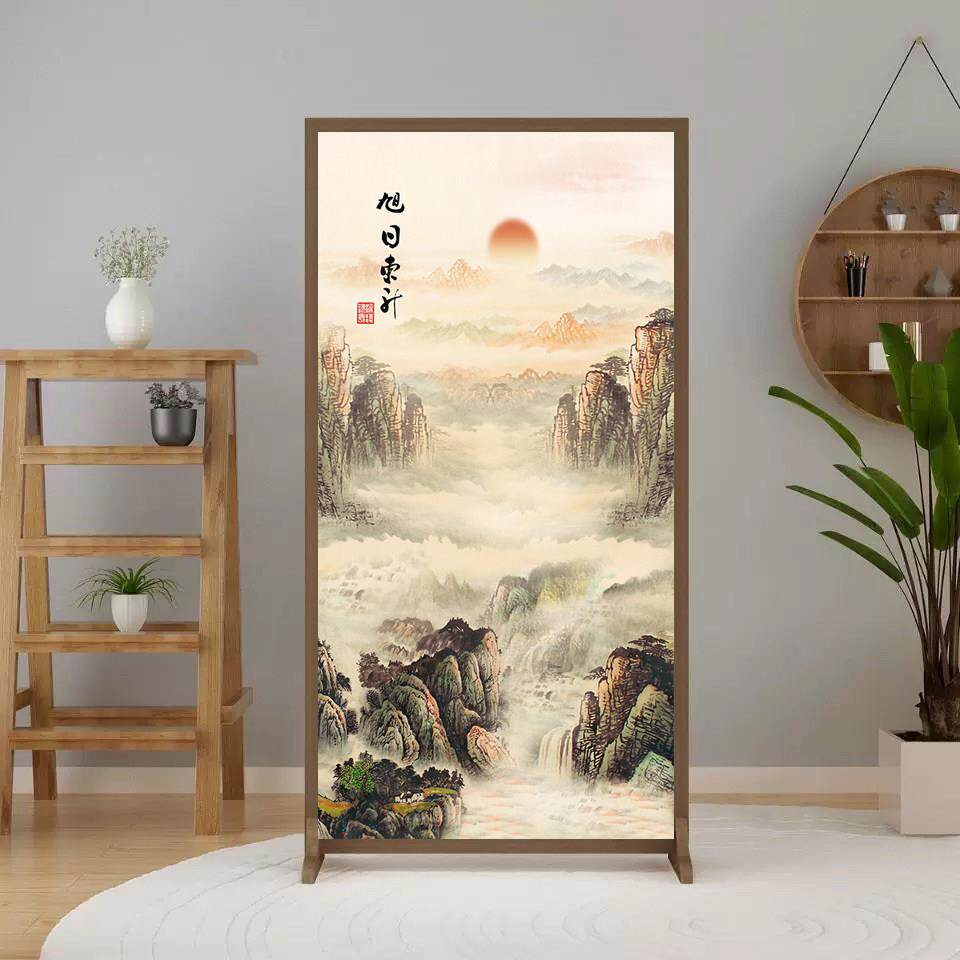 新中式山水画 画屏风隔断客厅入户玄关卧室家用背景墙可定制彷木
