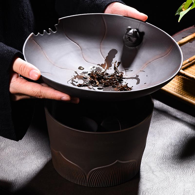 复古紫陶荷韵建水茶渣缸大号茶盅水盂创意中式带盖过滤茶渣桶茶洗