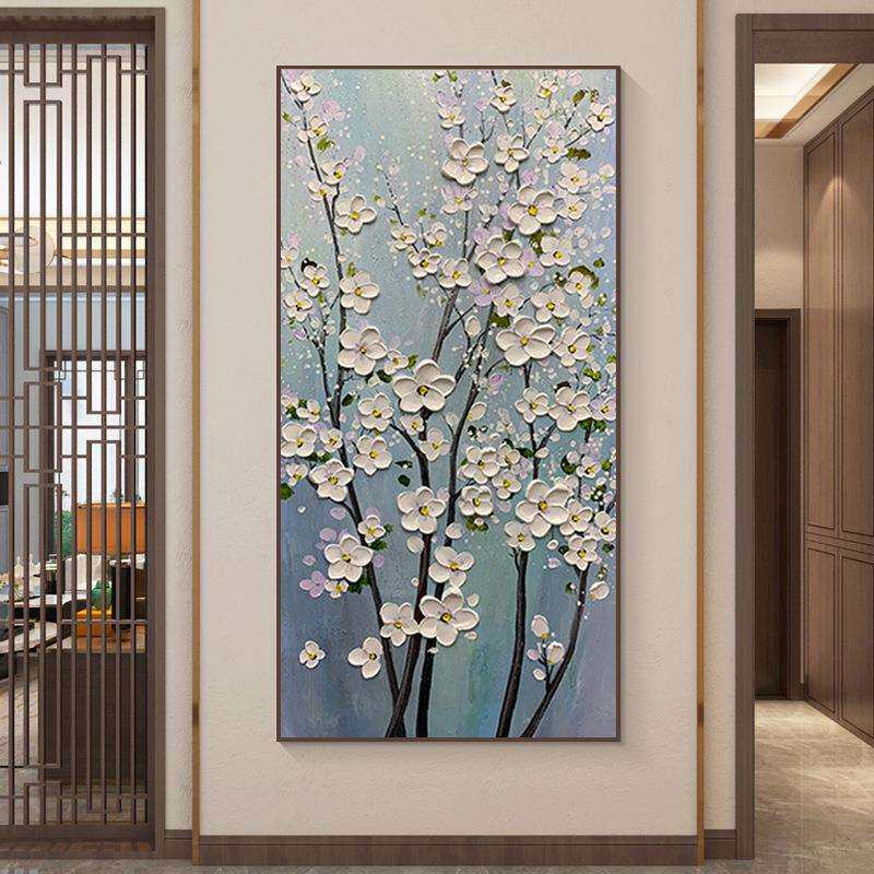 梅花发财树手绘油画对门玄关竖肌理蓝色新中式装饰画风景客厅挂画