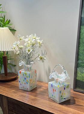 小山园糖果系列 | 白色珠光花篮琉璃花瓶 复古风手工花瓶客厅摆件
