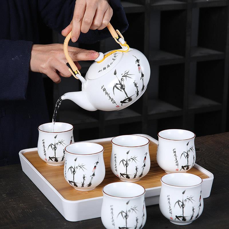 景德镇陶瓷功夫茶具家用提梁茶壶茶杯全套简单礼盒带托盘