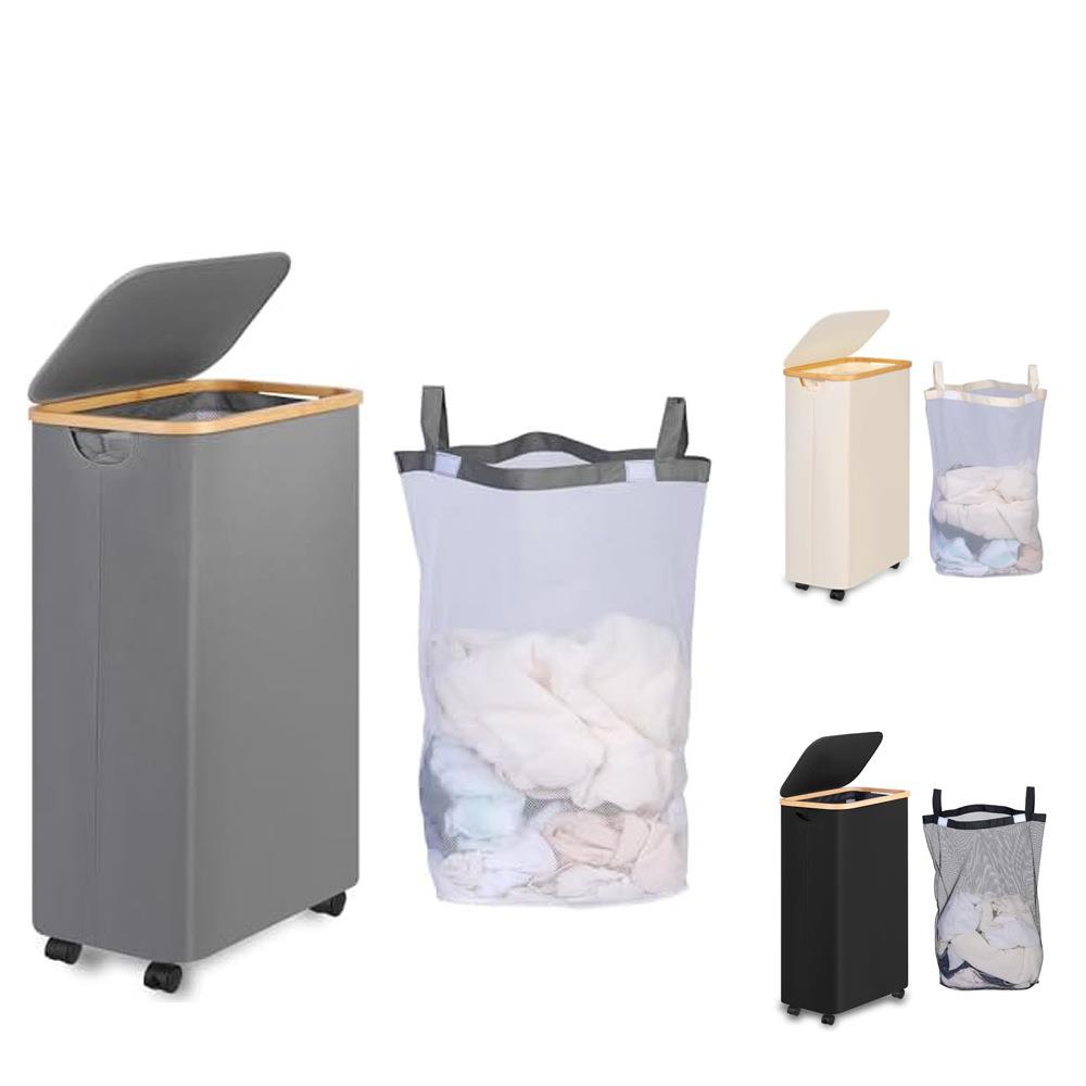 新品脏衣篮带轮子可折叠竹子框架收纳筐脏衣篓含网袋110L