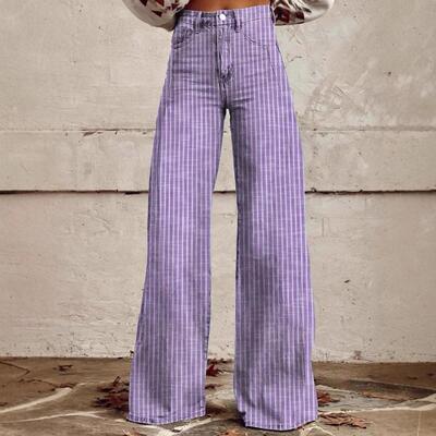 Womens Sweet And Lovely Lavender Striped Wide-Leg Jeans -