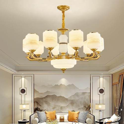 2024新中式复古天然玉石客厅灯轻奢复式楼别墅酒店大厅吊灯家居