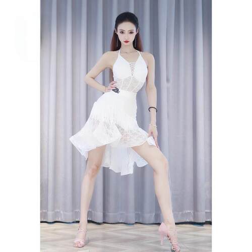BLX拉丁舞服白色高级性感蕾丝吊带鱼骨裙比赛练功服成人女