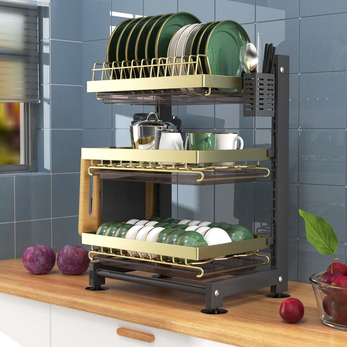 碗碟架厨房置物架沥水托盘刀架筷桶一体可调节滤水篮厨房收纳架