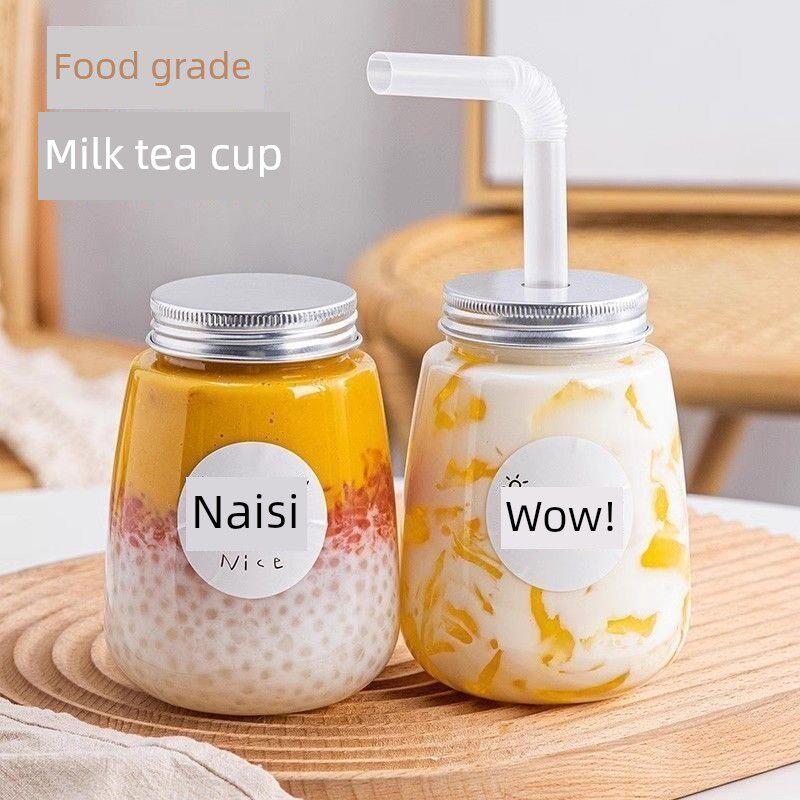 奶茶杯一次性肥杯家用网红果汁冷饮杨木花蜜带盖瓶广告