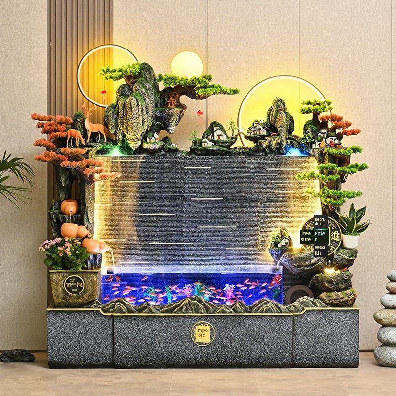 假山流水墙水幕喷泉鱼缸客厅玄关养鱼加湿器装饰落地田园景观摆件