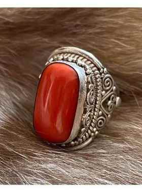 西藏蒙古民族元素仿真珊瑚戒指女戒指开口食指戒子男复古仿真宝石