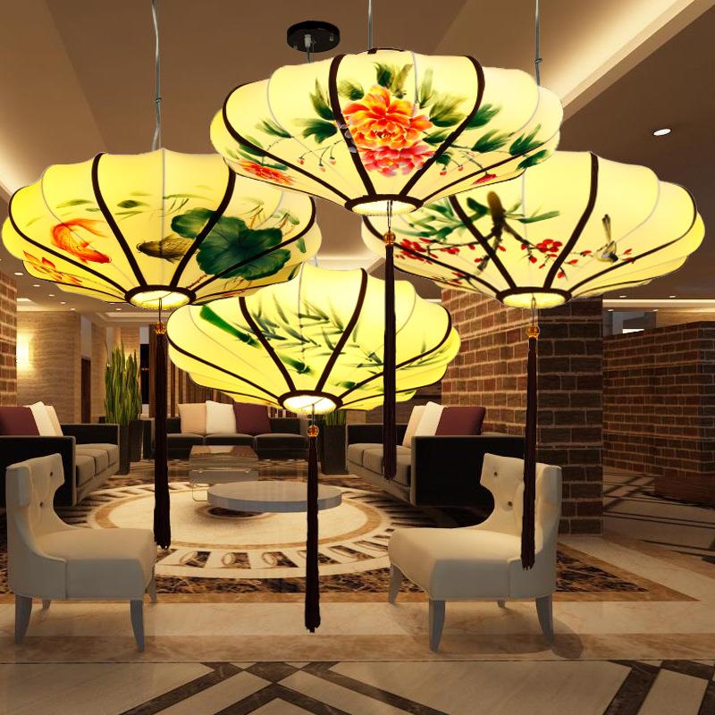 中国风新中式吊灯仿古茶楼饭店餐厅创意灯具古典艺术手绘布艺灯笼