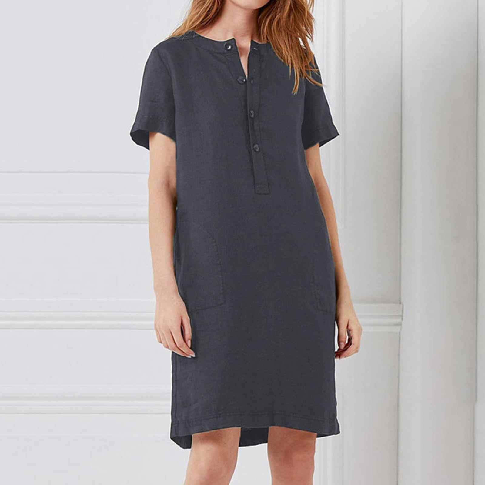 Cotton and linen loose short-sleeved mid-length dress for