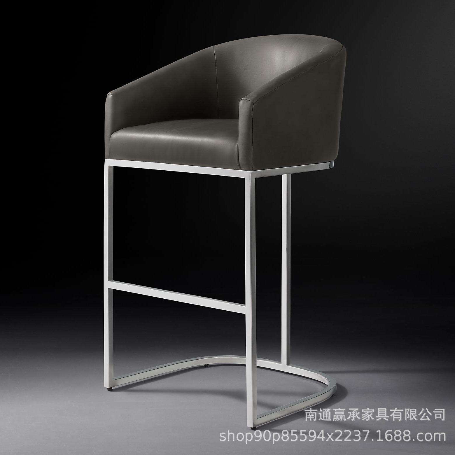 法式乡村复古实皮艺餐椅意式现代简约轻奢不锈钢金属艺术布艺吧椅