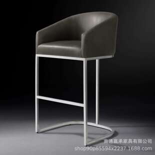 法式乡村复古实皮艺餐椅意式现代简约轻奢不锈钢金属艺术布艺吧椅