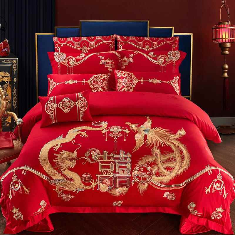 高档140支s全棉婚庆四件套大红色刺婚房床上绣件用品喜被子结婚六