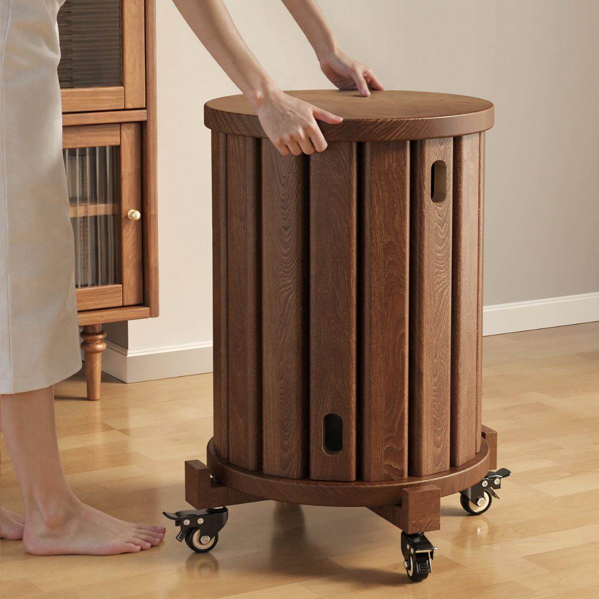 实木凳子可叠放家用叠叠乐带滑轮收纳堆叠凳客人备用凳中古风圆凳