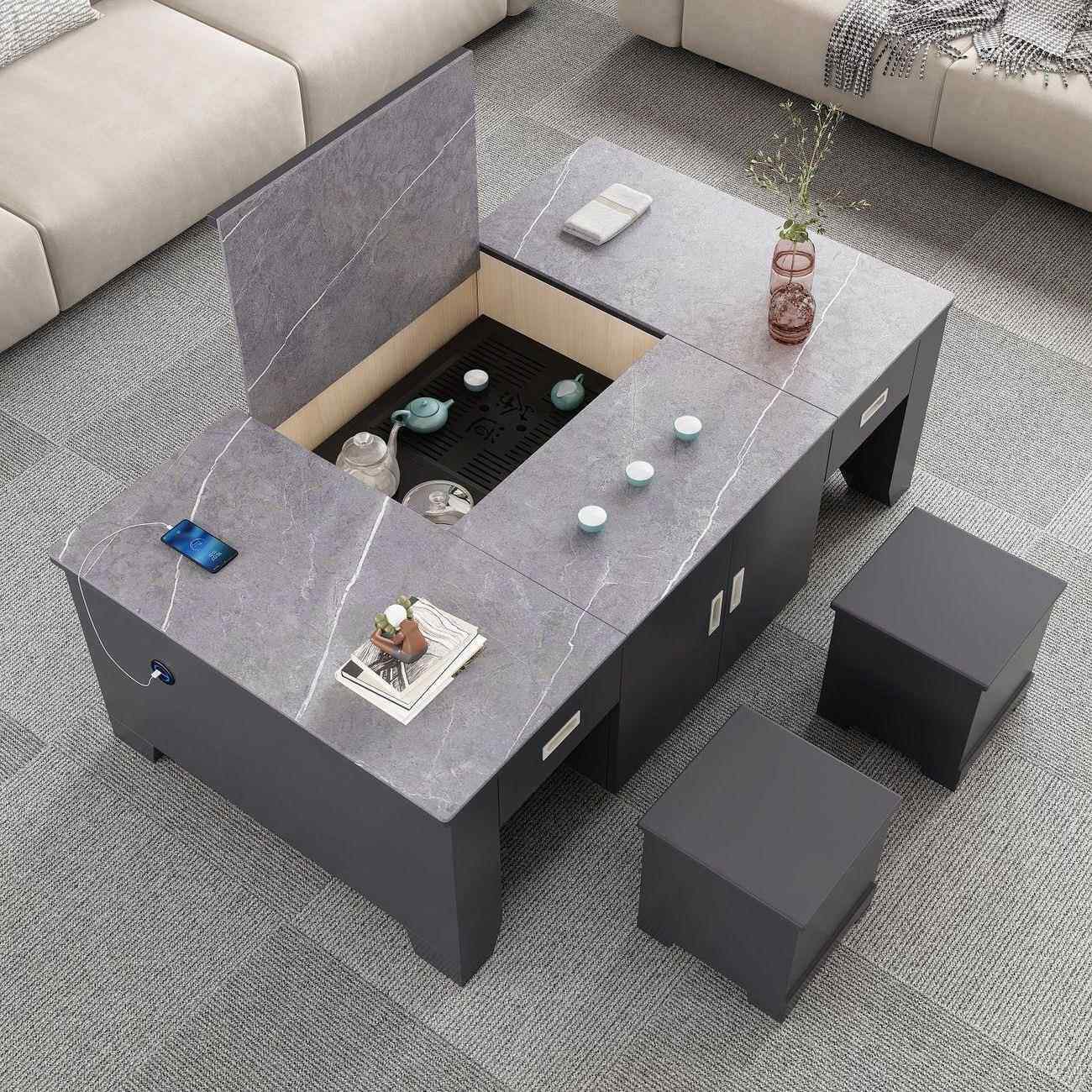 桦崟岩板升降功夫茶几餐 桌 两用全自动带泡茶一体多功能烧水壶客厅家用摆件饰品床笠拉车