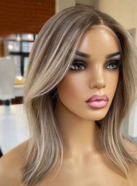 Highlight Wig Human Hair Straight Colored Brown Ombre blonde