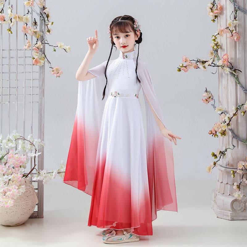 女童超仙汉服中国风女中大童古筝演出服仙女气质飘逸钢琴长裙礼服