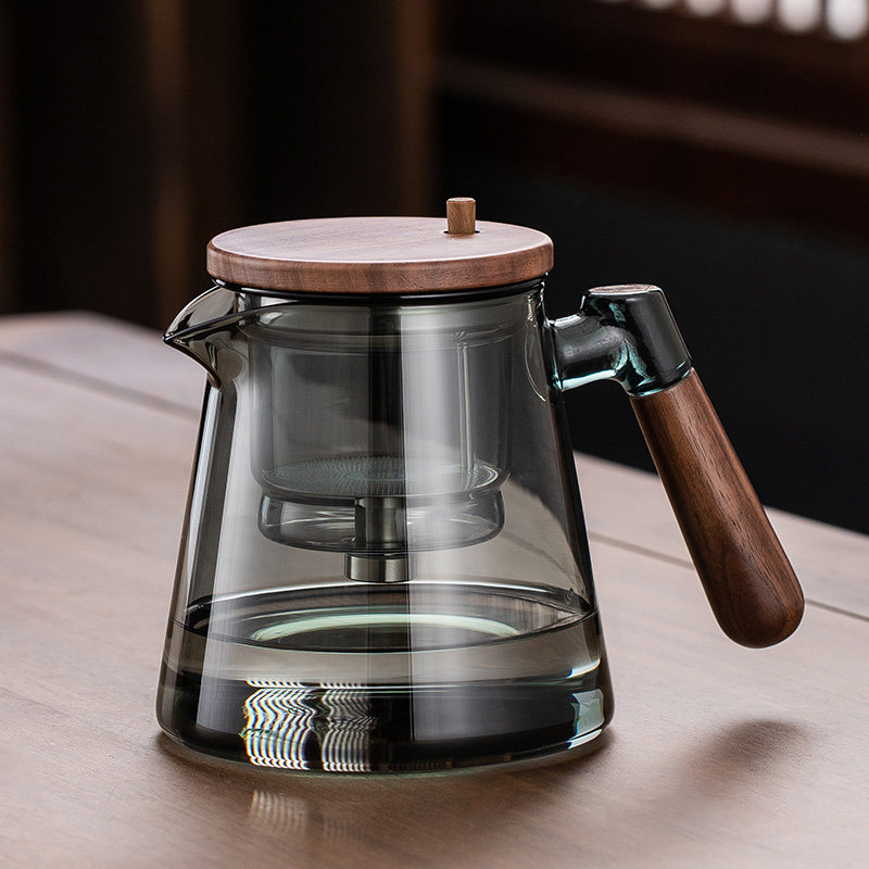 xyt飘逸杯泡茶壶全玻璃内胆侧把胡桃木茶水分离过滤泡茶杯家用冲