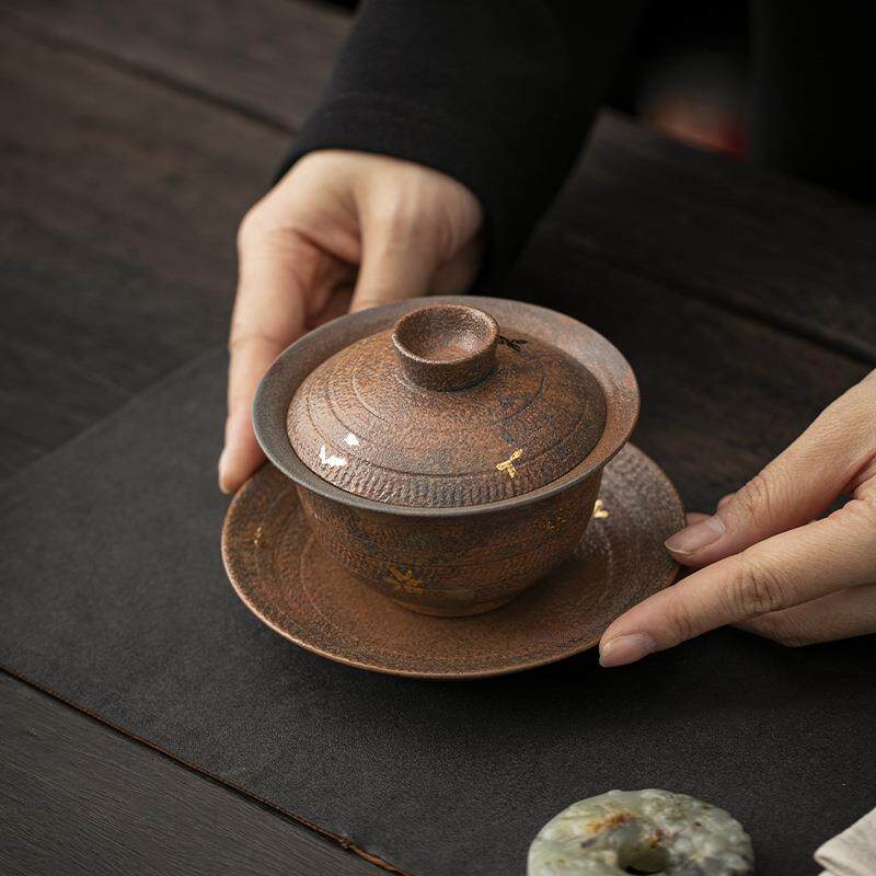 曾广旭陶瓷三才盖碗茶杯粗陶描金敬茶碗原矿铁胎泡茶碗高档茶具