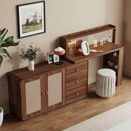 中古风藤编实木框梳妆台斗柜一体主卧室可伸缩转角储物化妆书桌