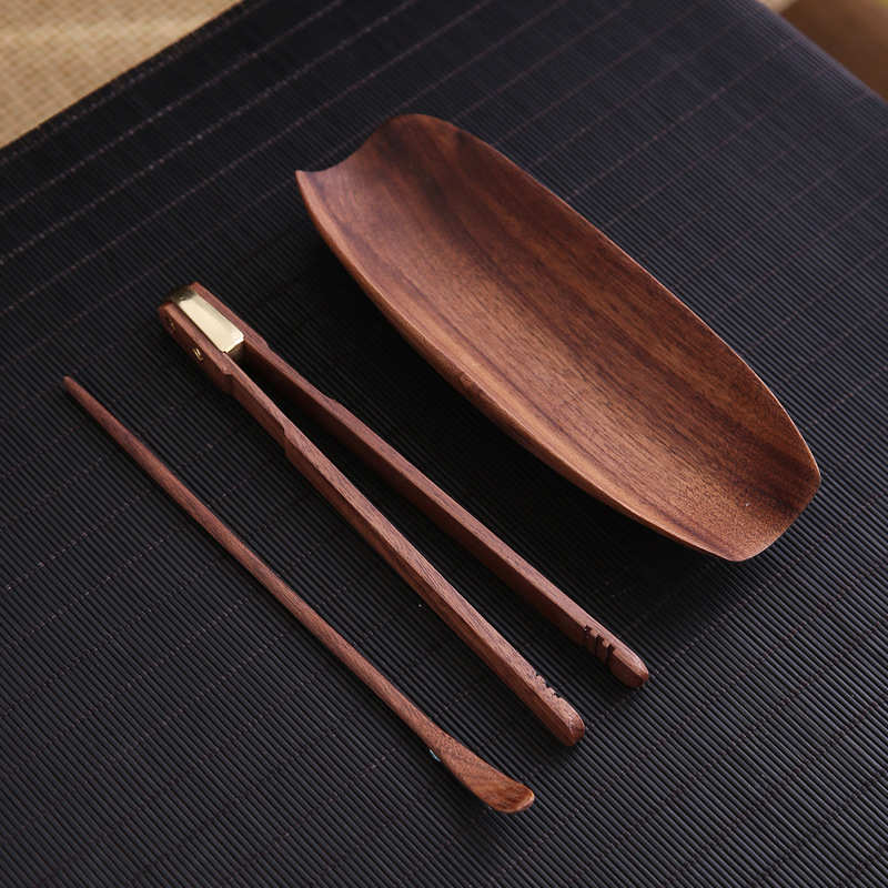 胡桃木实木茶则三件套家用办公功夫茶道零配件复古茶荷茶拨茶勺茶