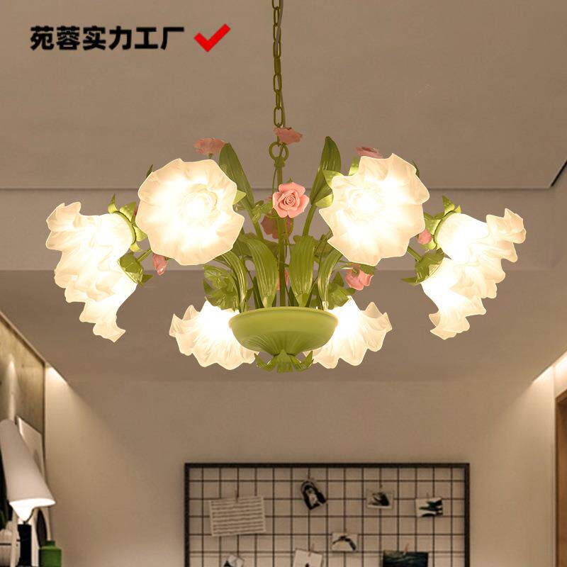 LED美式乡村创意客厅吊灯卧室餐厅灯具法式铁艺花朵田园风格吊灯