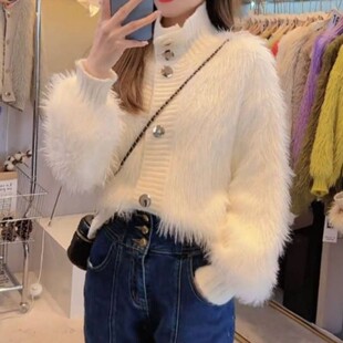 2025秋冬新款仿貂绒高领毛衣外套女休闲百搭长毛拼接毛毛针织开衫