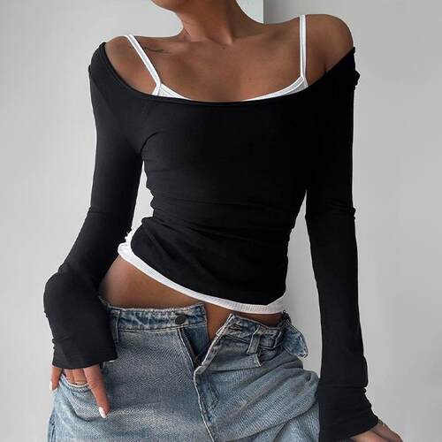 Women Plain 2 1 Cold Shoulder Tee Casual Sleeve shirt Spring