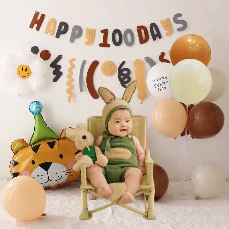 100天生日拉旗百天横幅宝宝纪念日背景墙布置装扮场景气球森林系