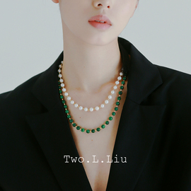 twolliustudio原创设计新中式国潮绿色项链天然淡水珍珠毛衣链