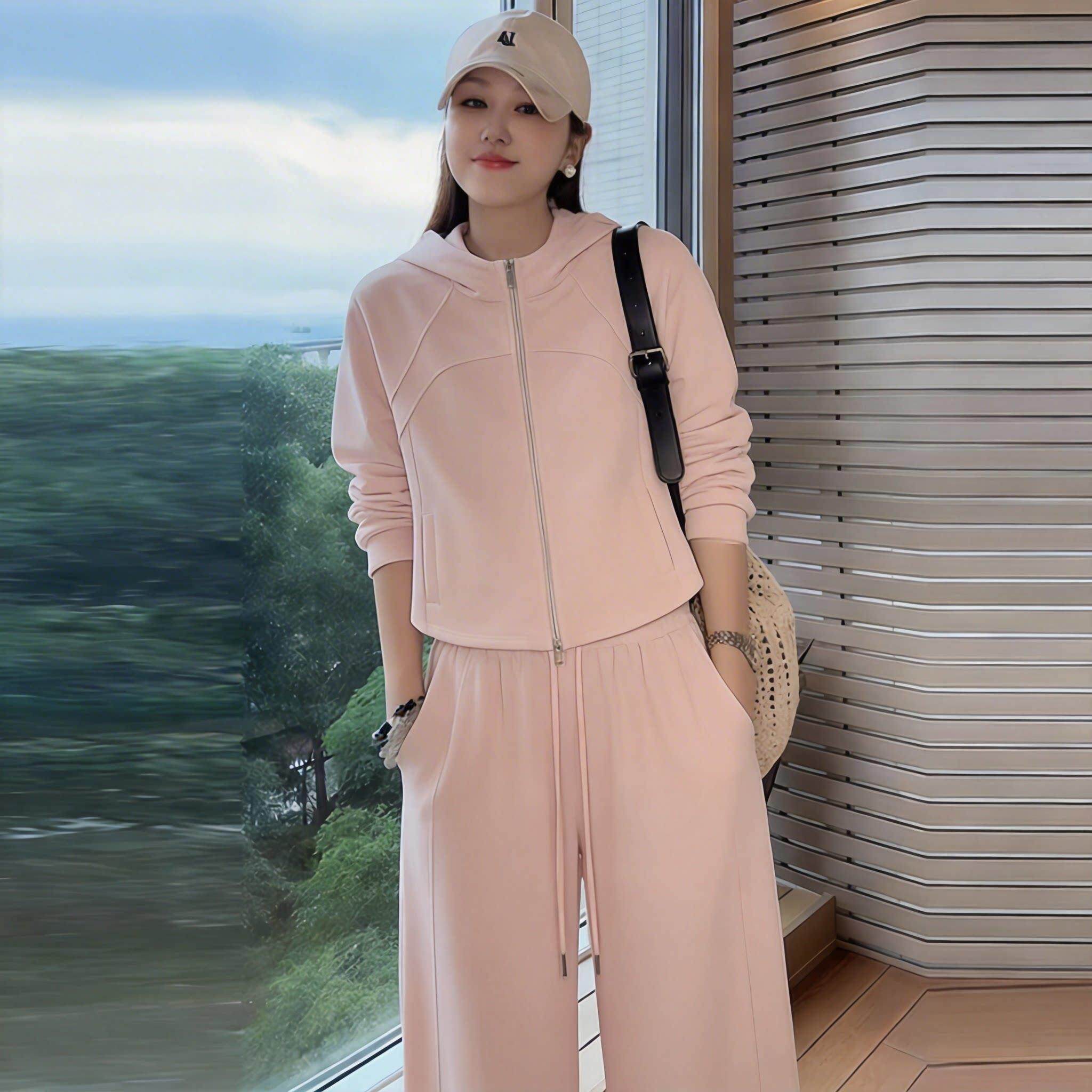 韩版休闲运动套装女2026春夏季粉色连帽拉链卫衣外套阔腿裤两件套