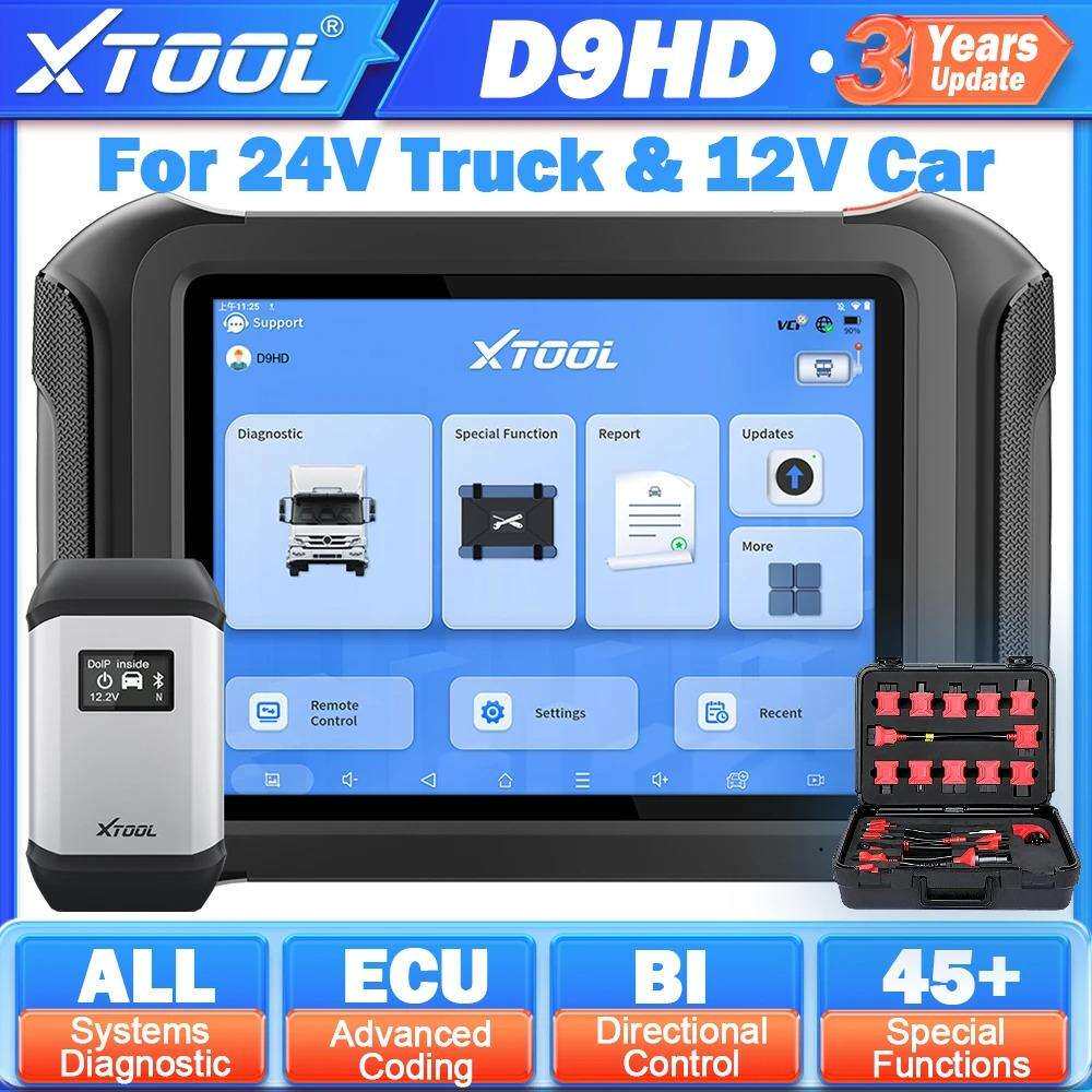 XTOOL D9HD heavy-duty diagnostic tablet for 12V and 24V trucks: the socket question, the coverage list and the licence term