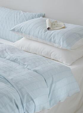 六月雨白ins清新蓝色格子日系韩系40支全棉水洗棉床上床单四件套