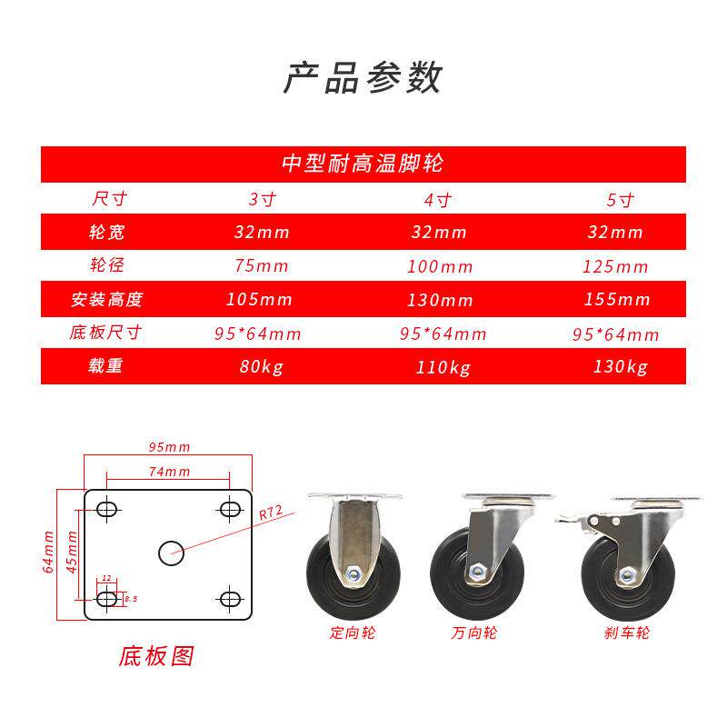 中型耐高温不锈箱钢435寸玻纤磨耐轱辘高903温烤轮