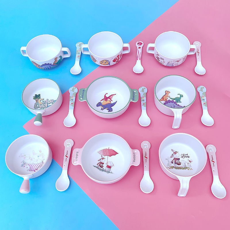可爱卡通竹纤维儿童碗勺套装家用宝宝吃饭双耳汤碗小孩子辅食餐碗