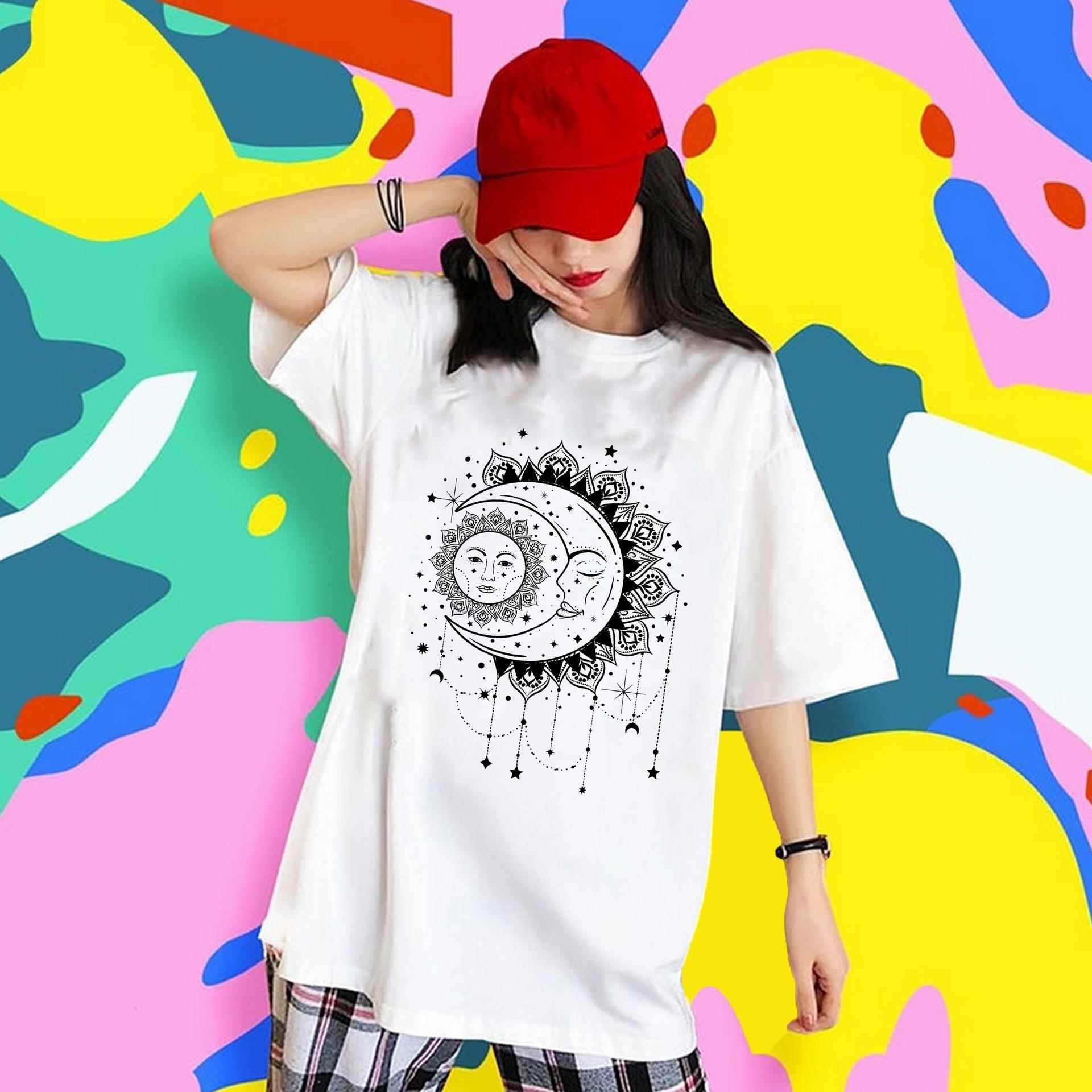 T-shirt Shoulder Sun Moon Pattern T-shirt and Drop Loose