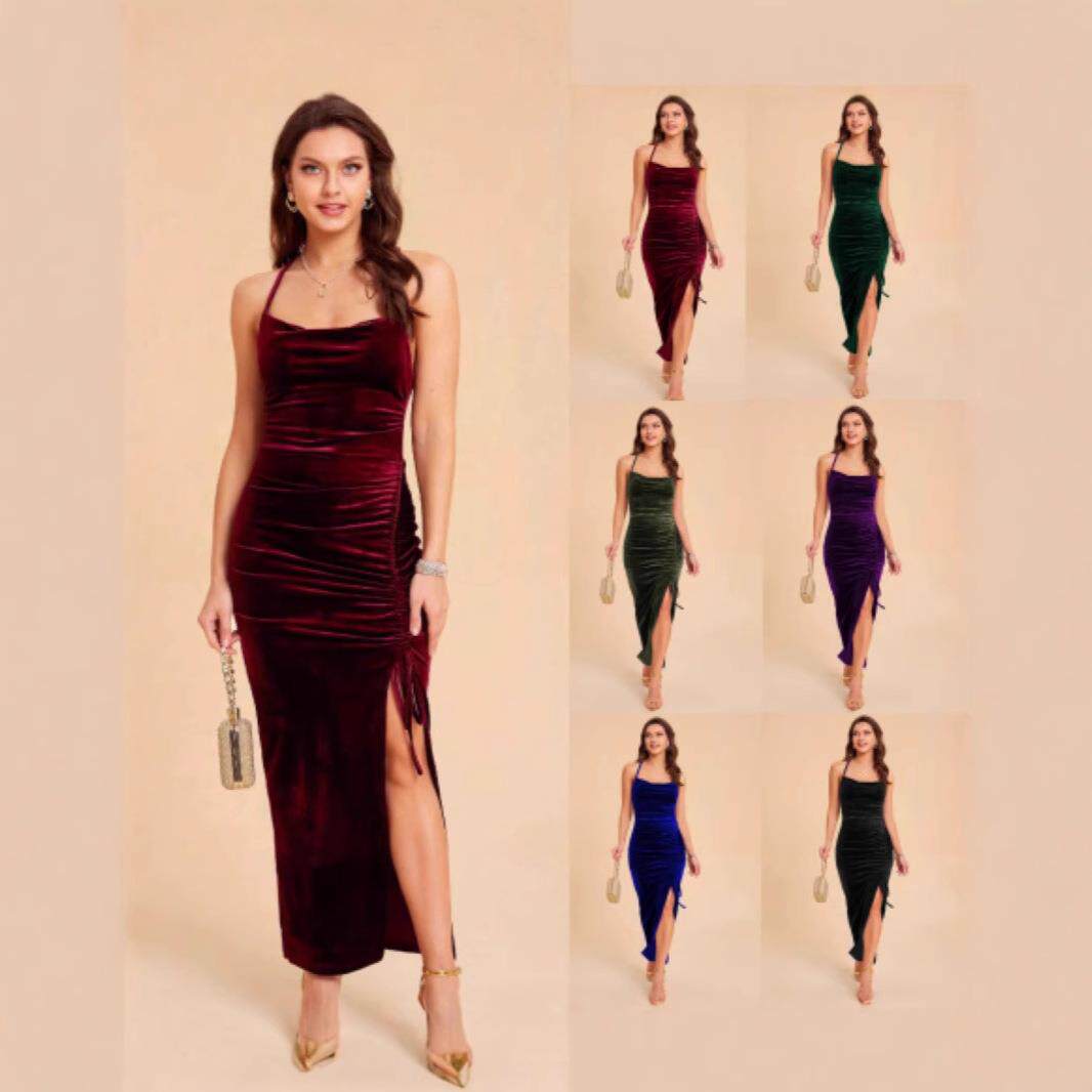 Women's slit velvet suspender dress evening gown
