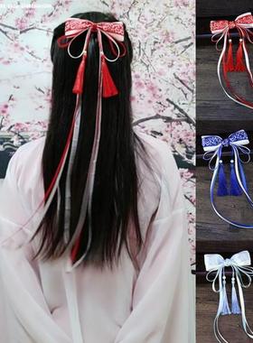 古风汉服发饰青花瓷cos发夹蝴蝶结边夹古装配饰超仙长飘带头饰