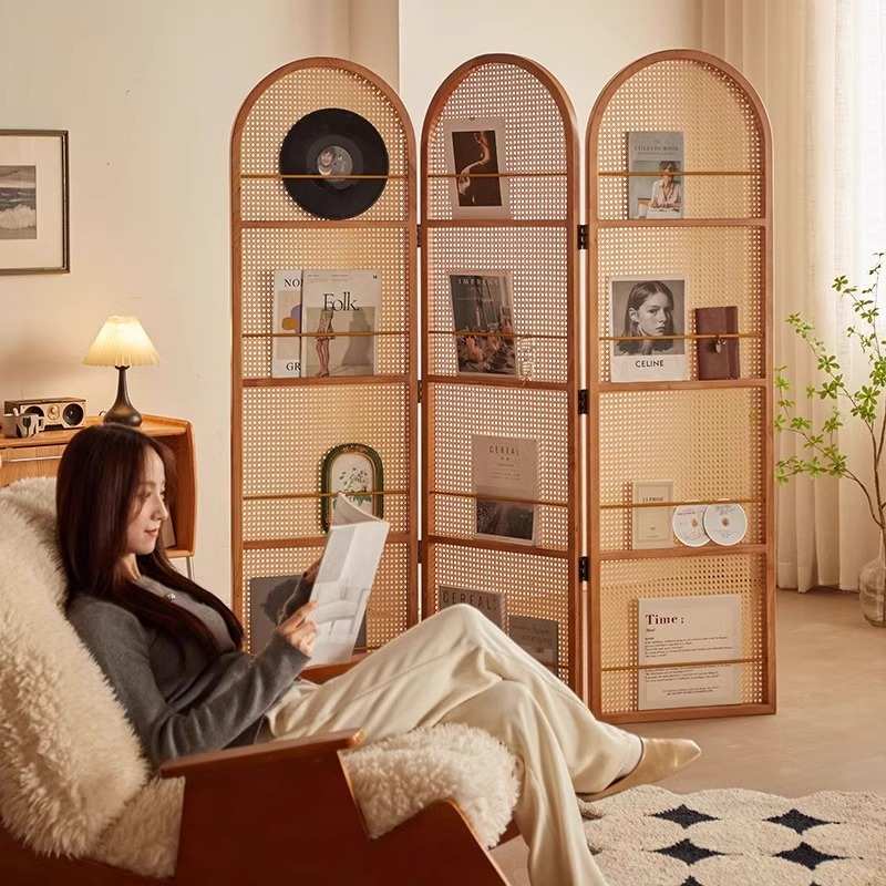 藤编屏风隔断法式中古客厅家用可移动置物架复古日式折叠遮挡书架