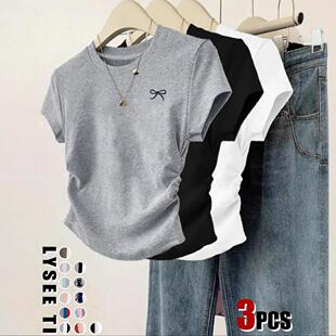 Womens CatBow Print Tee Casual ShortSleeve RoundNeck TShirt