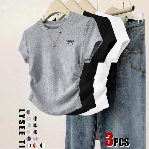 Solid Color Embroidery Tee Casual Short Sleeve Round Neck